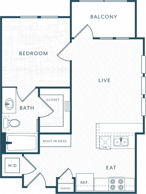 Floor plan for 1 bed, 1 bath, 587 sqft